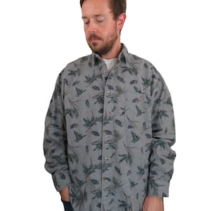 Vintage 90er Jahre Made in USA Eddie Bauer All Over Print Angeln Schwergewicht Chamois Flanell Board Shirt Herren Große Natur Animal Print Vögel Y2K