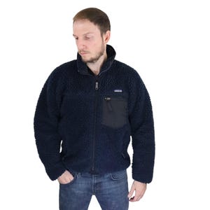 Vintage 2002 Y2K Patagonia Retro-X Deep Pile Cardigan Sherpa Fleece Jacket Mens XS Full Zip Made In USA High Loft Navy Blue Windproof Coat