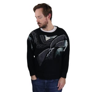 Vintage 80s 90s Carducci Chunky Wool Knit Embellished 3D Textured Grandpa Dad Grandma Crewneck Sweater Medium Mens Womens Pullover Black