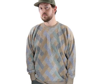 Vintage 70er Jahre Nordstrom Clan Douglas 100% Kaschmir Rundhalspullover Herren XL Large Geometrische Braun Blau Grün Grau Opa Coogi Schottland 80er Jahre