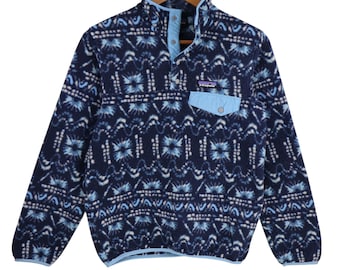 Patagonia Sunshine Dye Floral Southwestern Aztec Tribal All Over Print Synchilla Fleece Snap T Jacket Womens XXS Navy Blue Pullover Sweater