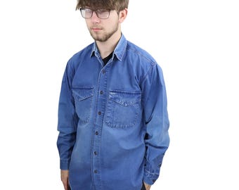 Vintage 90s 1991 Patagonia Denim Long Sleeve Distressed Western Shirt Mens Small Medium Blue Jean Workwear Work Fishing Hiking Chouinard