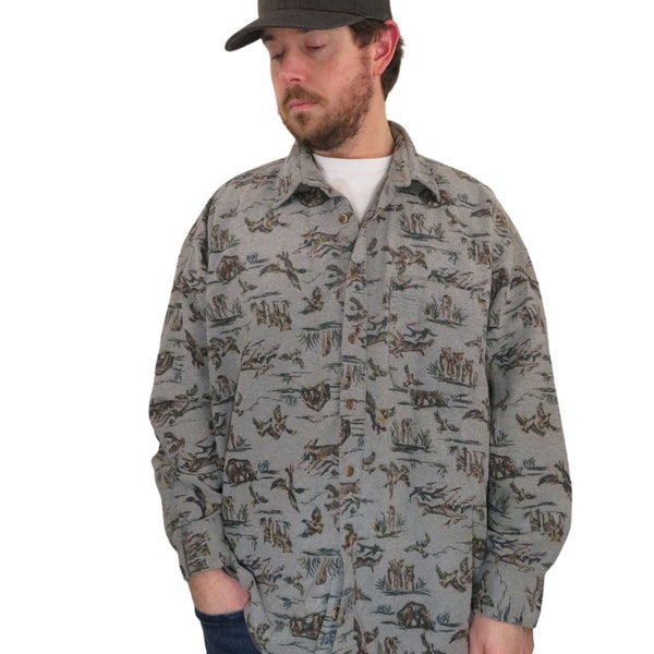 Vintage 1994 90s Men's Bear Fox Duck Bird Hunting Chamois Flannel Board Shirt Mens 2XL 18 18.5 All Over Print Nature Animal Print Wolves