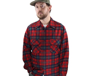 Vintage Pendleton Wool Flannel Plaid Board Shirt Mens Medium Red Green Loop Collar Flap Pockets Long Sleeve Button Down Made In USA Western