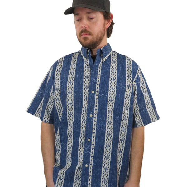 New Vintage 90s Reyn Spooner Reverse Print Tribal Geometric Hawaiian Shirt Mens Large Relax Aloha Button Down Short Sleeve Camp Blue Beige