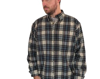 DRY CLEANED Vintage Pendleton Made In USA 100 Virgin Wool Flannel Plaid Board Shirt Mens Large Green Tan Long Sleeve Button Down Up Hunting
