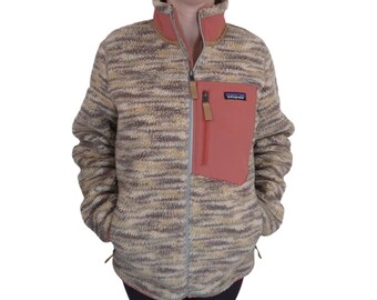 Giacca in pile Sherpa a pelo lungo Patagonia Classic Retro X Space Dye Oatmeal Camo Y2K da donna, taglia grande, marrone, beige e rosa