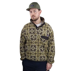 Vintage Y2K Patagonia Aurora Snowflake Aztec Tribal Synchilla Fleece Snap T Pullover Jacket Mens Large Retro Khaki Brown Sweatshirt Sweater