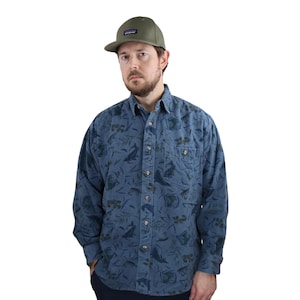 Vintage 90er Jahre Made in USA Eddie Bauer All Over Print Angeln Fisch Schwergewicht Chamois Flanell Board Shirt Herren Large Shacket Animal Print Y2K