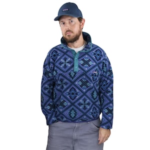 Vintage 1993 Patagonia Mosaic All Over Print Synchilla Fleece Snap-T Pullover Jacket Mens Medium Blue Purple Retro Geometric Made In USA 90s