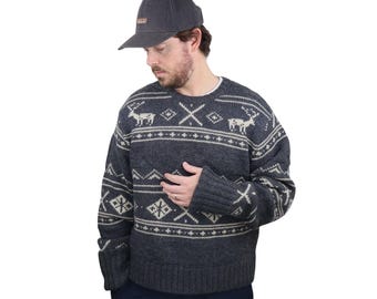 Suéter vintage Filson 100 % lana con cuello redondo, diseño nórdico, estilo escandinavo, estilo pescador del noroeste del Pacífico, tejido a mano.