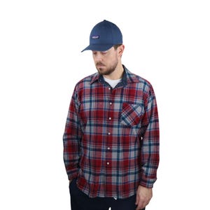 Vintage 70s 80s Pendleton Christmas 100% Wool Shadow Plaid Flannel Button Down Up Lodge Board Shirt Mens Medium Large Red Blue Long Sleeve