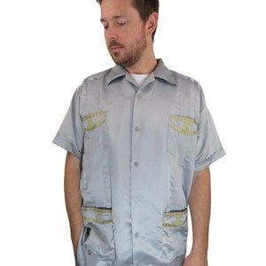 Vintage 80s 90s Guayabera Embroidered Tribal Cigar Cobra Snake Satin Bowling shirt Mens Large Tropical Camp Cubavera Button Up Short Sleeve