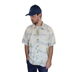 Patagonia Pataloha Fishing All Over Print Island Tiki Aloha Surfing Hawaiian Loop Collar Skjorta Herr Stor Vit Blå Camp Relax 90-tals