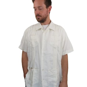 Vintage anos 70 80s Heavyweight linho Guayabera Panamá branco casamento 4 bolsos camisa havaiana masculina XL 2XL Camp Cubavera botão com manga curta