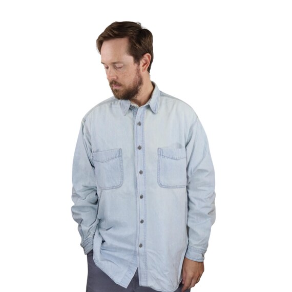 Patagonia, Vintage 1981 Patagonia Denim Long Sleeve Button Down Shirt Mens XL Blue Light Wash Workwear Work Fishing Guide Hiking Chouinard 80s 90s