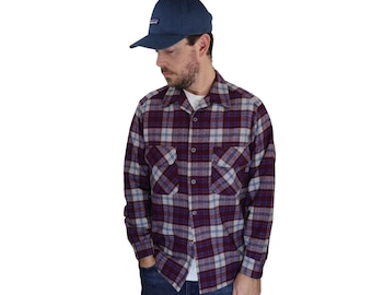 Vintage 70s 80s Pendleton Made In USA 100% Wool Flannel Shadow Plaid Loop Collar Flap Pockets Board Shirt Mens Medium Red Blue Long Sleeve