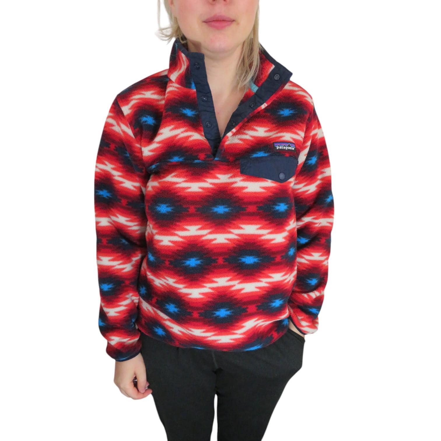 Patagonia Wild Desert Aztec Tribal Geometric All Over Print Synchilla Fleece Snap T Pullover Jacket Womens Medium Mens Small Coat Red Navajo