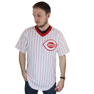 Vintage 80s 90s Wilson Made In USA Cincinnati Reds S. Krebs #3 Pinstriped MLB Baseball Jersey Mens Size Medium Shirt Retro White Red Striped