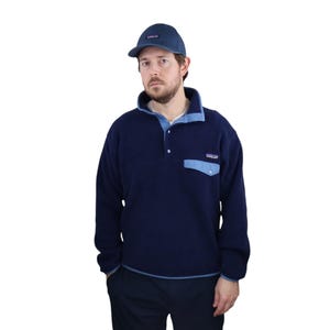 Vintage Y2K 2005 Patagonia Synchilla Fleece Snap T Pullover Jacket Coat Mens Medium Large Unisex Womens Navy Blue Sweatshirt Retro 90s