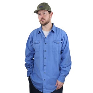 Vintage 70s Patagonia Big 1st Label Canvas Denim Long Sleeve Button Down Shirt Shacket Mens XL Blue Tall Long XLT Oxford Work Brushpopper