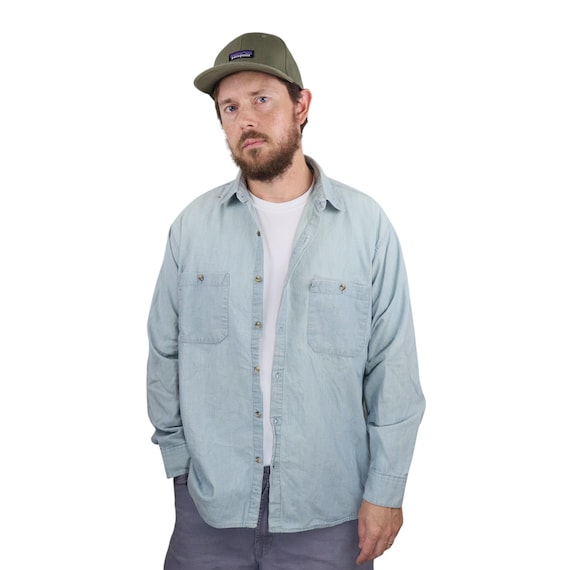 Patagonia, Vintage 80s Patagonia Denim Chambray Long Sleeve Button Down Shirt Mens Large Blue Workwear Fishing Guide Hiking Chouinard 90s Selvedge