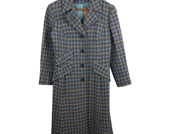 Vintage 70s 80s Made In USA Pendleton 100% Wool Plaid Tweed Long Trench Walker Pea Coat Jacket Womens 0 2 XS Small Blue Over Car Reefer
