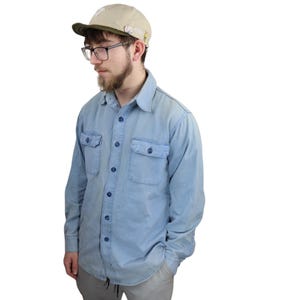Vintage 70s 80s Patagonia Big Label Canvas Denim Long Sleeve Button Down Shirt Shacket Mens Medium Womens Faded Blue Oxford Work Brushpopper