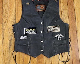 Vintage Leather Biker Vest: Jack Daniels Patch, Harley Pin, Laced Sides