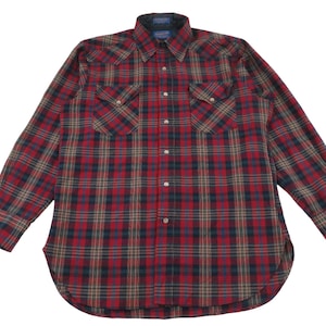 May include: A red, black, and green plaid long-sleeve shirt with a button-down collar and two chest pockets.