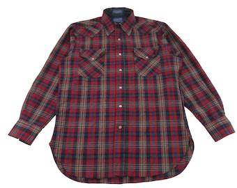 Camisa de vestir estilo western vintage Sir Pendleton de los años 70 y 80 para hombre, de lana peinada tejida, a cuadros rojos, con botones y botones de perlas, talla mediana, manga larga