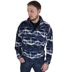 Vintage Patagonia Shepherds Knit Aztec Tribal Geo Southwestern Synchilla Fleece Snap-T Pullover Jacket Mens XS Small Blue Sweater Sweatshirt