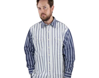 Vintage Wrangler Brushpopper Nautical Striped Long Sleeve Button Down Western Shirt Mens 17-35 XL Large Vertical Blue White Cowboy Rodeo 90s