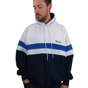 Vintage 80s 90s Macgregor Striped Color Block Baggy Oversized Charlie Day Hoody Sweatshirt Mens Size XL Hooded Skater Blue White Hoodie Boxy