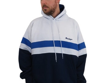 Vintage 80s 90s Macgregor Striped Color Block Baggy Oversized Charlie Day Hoody Sweatshirt Mens Size XL Hooded Skater Blue White Hoodie Boxy