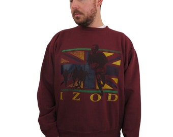 Vintage 80s 90s Izod Rugby Series Futbol Made In USA Flocked Sweatshirt Mens Size Large Boxy Maroon Red Soccer Athletic Running Lacoste