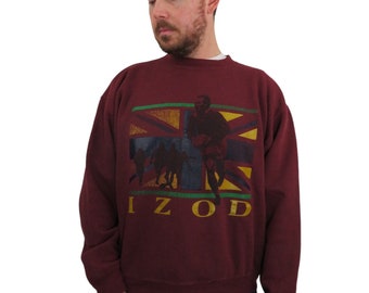 Vintage 80er 90er Izod Rugby Series Futbol Made in USA Flocked Sweatshirt Herren Größe Groß Boxy Maroon Rot Fußball Athletic Running Lacoste