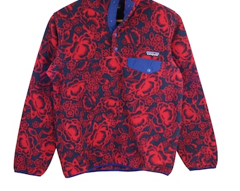 Y2K Patagonia Barceloneta Hawaiian Floral All Over Print Synchilla Fleece Snap T Pullover Jacket Womens Small Sweater Sweatshirt Red Blue