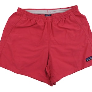 Vintage Y2K Patagonia ongevoerde zakjes nylon zwembroek 5" binnenbeenlengte korte shorts dames XS 26 27 28 zeldzame roze zwembroek retro elastische taille