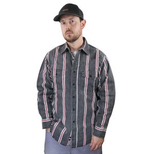 Camisa vaquera vintage de los 90, fabricada en EE. UU., Wrangler Brushpopper, manga larga, con botones, para hombre, tallas 16-33, grande, a rayas negras, rojas y blancas.