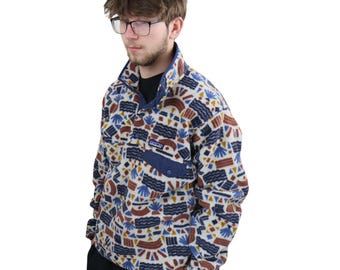 Y2K Patagonia Rare Protected Peaks Aztec Tribal Print Synchilla Fleece Snap T Pullover Jacket Mens Small Womens M Coat Southwestern Navajo