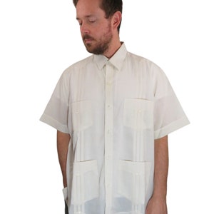 Vintage 70s Panabrisa Guayabera Made In Panama Beige Wedding Irish Linen Hawaiian Shirt Mens XL 2XL 4 Pocket Cubavera Button Up Short Sleeve