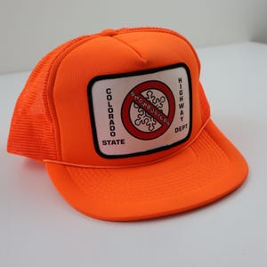 Vintage Made In USA Colorado State Highway Snowbusters Foam Snapback Mens Hat Cap Bright Neon Orange Adjustable 70s 80s 90s K Products Retro