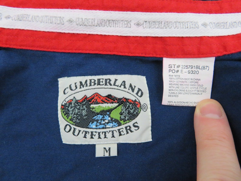 Vintage Cumberland Outfitters Mens Western American Flag Shirt Medium Eagle Cowboy Long Sleeve Pearl Snap Blue Red 4th Of July Americana