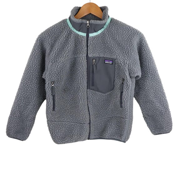 Vintage Y2K Patagonia Retro-X Deep Pile Windproof Fleece Jacket Kids Boys Girl Unisex Size Medium 10-12 Gray Blue Full Zip Spring Sweatshirt