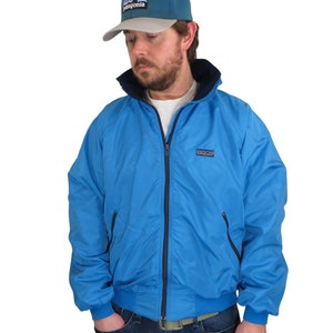 Vintage 80s 90s Made In USA Patagonia Synchilla Fleece Shelled Jacket Size Mens Large Womens Satin Blue Retro Gorpcore Ski Big Logo Coat