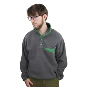 Vintage Y2K Patagonia Synchilla Fleece Baggy Snap T Pullover Jacket Mens Small Medium Unisex Womens Gray Alpha Green Sweatshirt Retro 90s