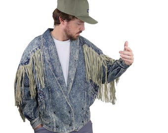 Vintage 80er Jahre Western Fransen Jacke Wash Acid Denim Learsi Made in Uruguay Echt Rindsleder Rockabilly Rodeo Damen Medium Oversized Large/XL