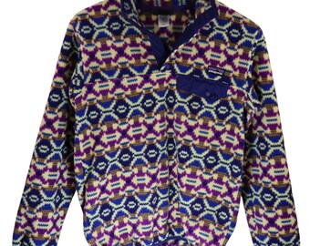 Patagonia Rare Aberdeen Butterfly Aztec Tribal All Over Print Baggy Synchilla Fleece Snap T Jacket Womens XS Pink Purple Pullover Sweater