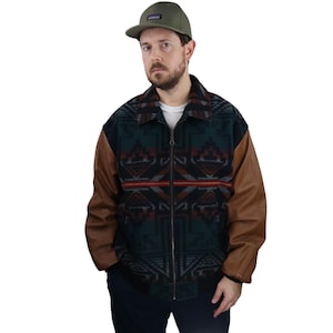 Vintage 80s Made In USA Pendleton Wool Leather Jacquard Aztec Tribal Blanket Cowichan Gorge Bomber Jacket Coat Mens 2XL Lined Southwestern